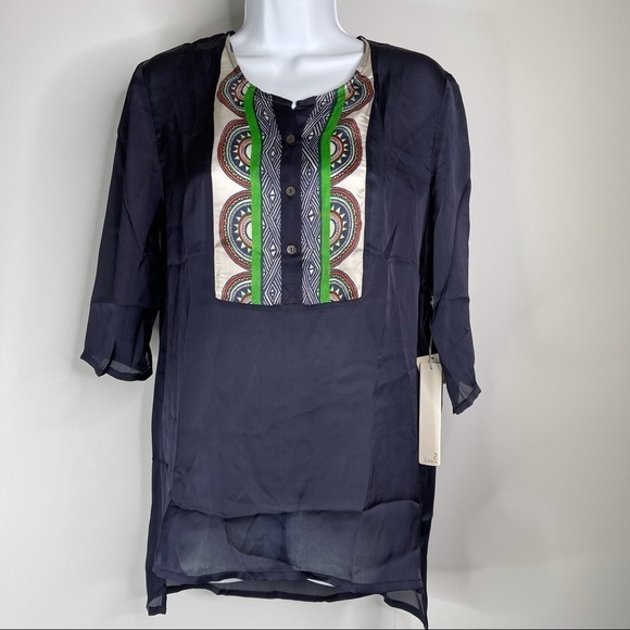 Revolve Line & Dot Top Blouse Silk Blue Green Boho Tribal Career Art to Wear New - Picture 1 of 14